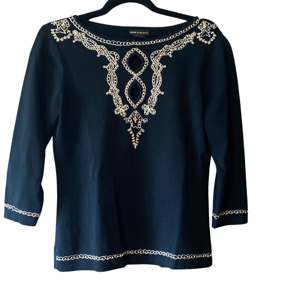 Grace Daniels Black Embellished Chain Pattern Elegant Top 3/4 Sleeve Size M EUC